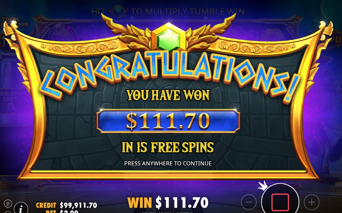 Win screen after a tumble chain of paying symbols